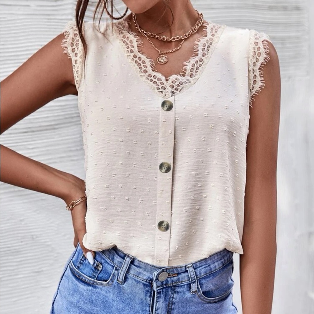 Swiss Dot Lace Panel Tank Top
